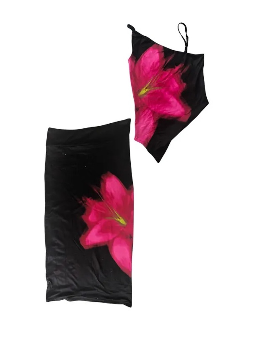 Forever 21 Black Two-Piece Slip & Skirt Set with Hot Pink Floral